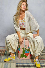 POL Open Front Crochet Cardigan with Floral Embroidery