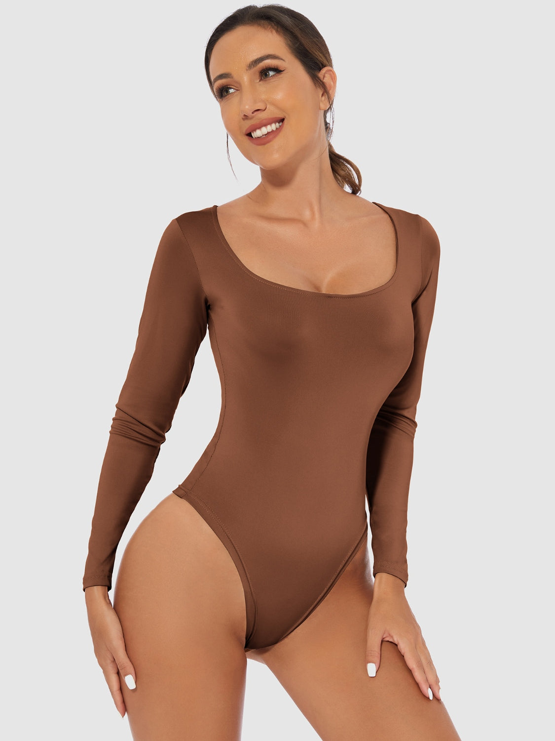 Full Size Scoop Neck Long Sleeve Bodysuit - Ladyez