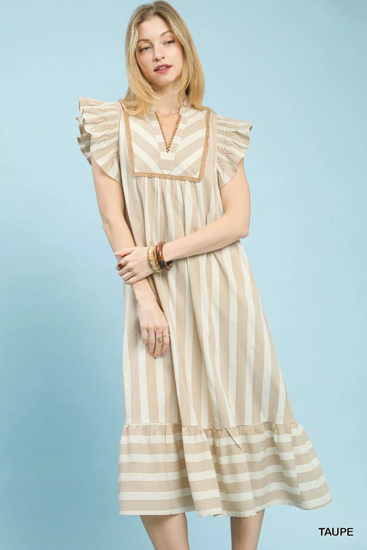 Umgee Stripe Ruffle Sleeve Tiered Midi Dress