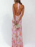 Floral Halter Neck Deep V Maxi Dress - Ladyez