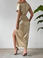 Honey Slit One Shoulder Short Sleeve Midi Dress - Ladyez