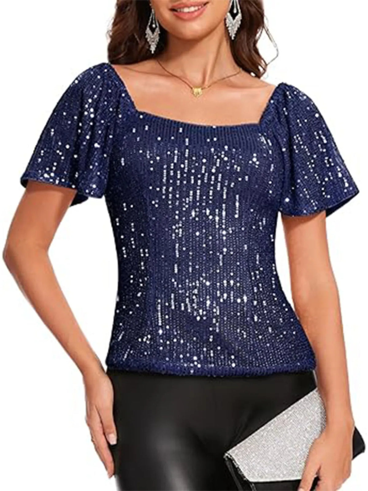 Square Neck Sequin Short Sleeve Blouse - Ladyez