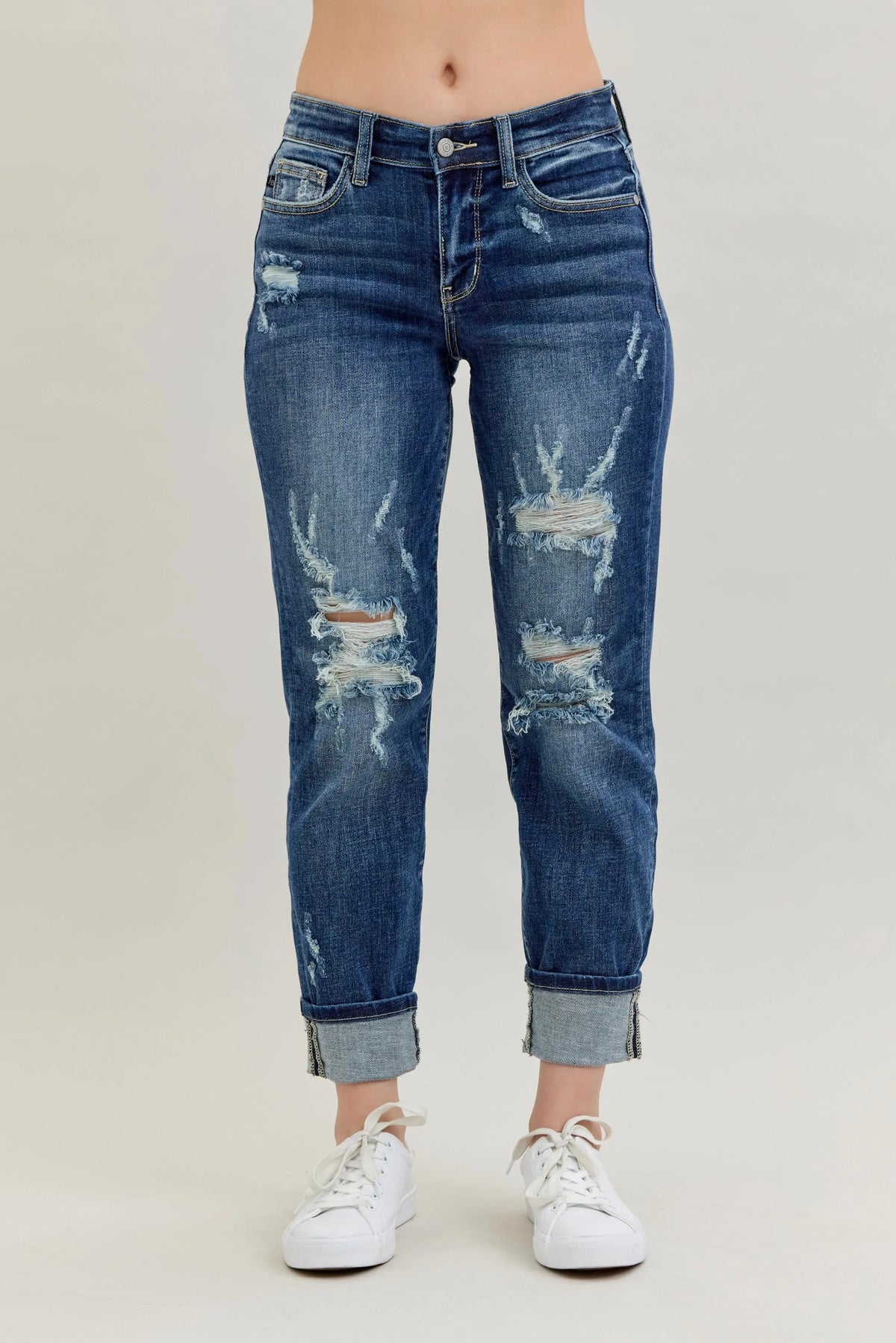Judy Blue Full Size Mid Rise Cuffed Destroy Bf Jeans Plus Size - Ladyez