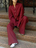 Relaxed Fit Button Up Shirt and Pants Two-Piece Set