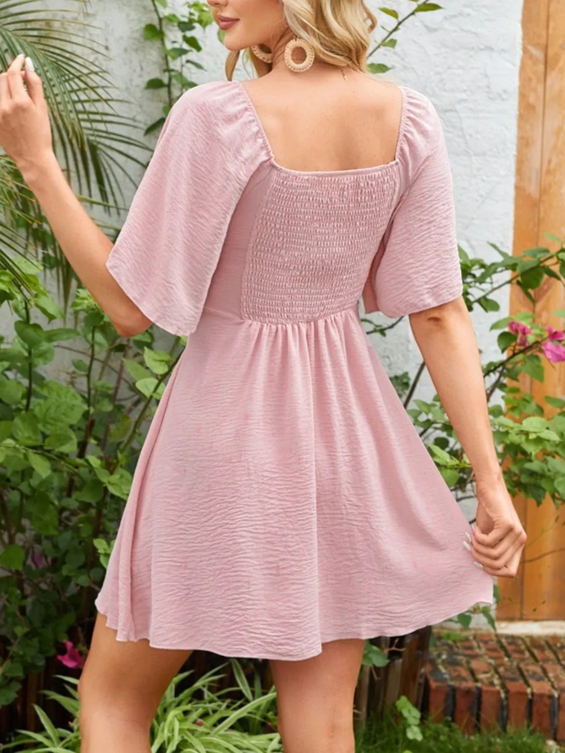 Smocked Back Knotted Flutter Sleeve Dress - Ladyez