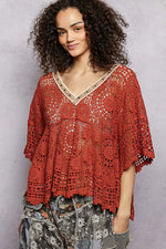 POL V-Neck Crochet Top with Scalloped Hem