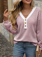 Striped Button Detail Long Sleeve T-Shirt