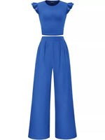 Ruffled Mock Neck Top and Wide Leg Pants Set