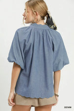 Umgee Chambray Scallop Hem Puff Sleeve Top
