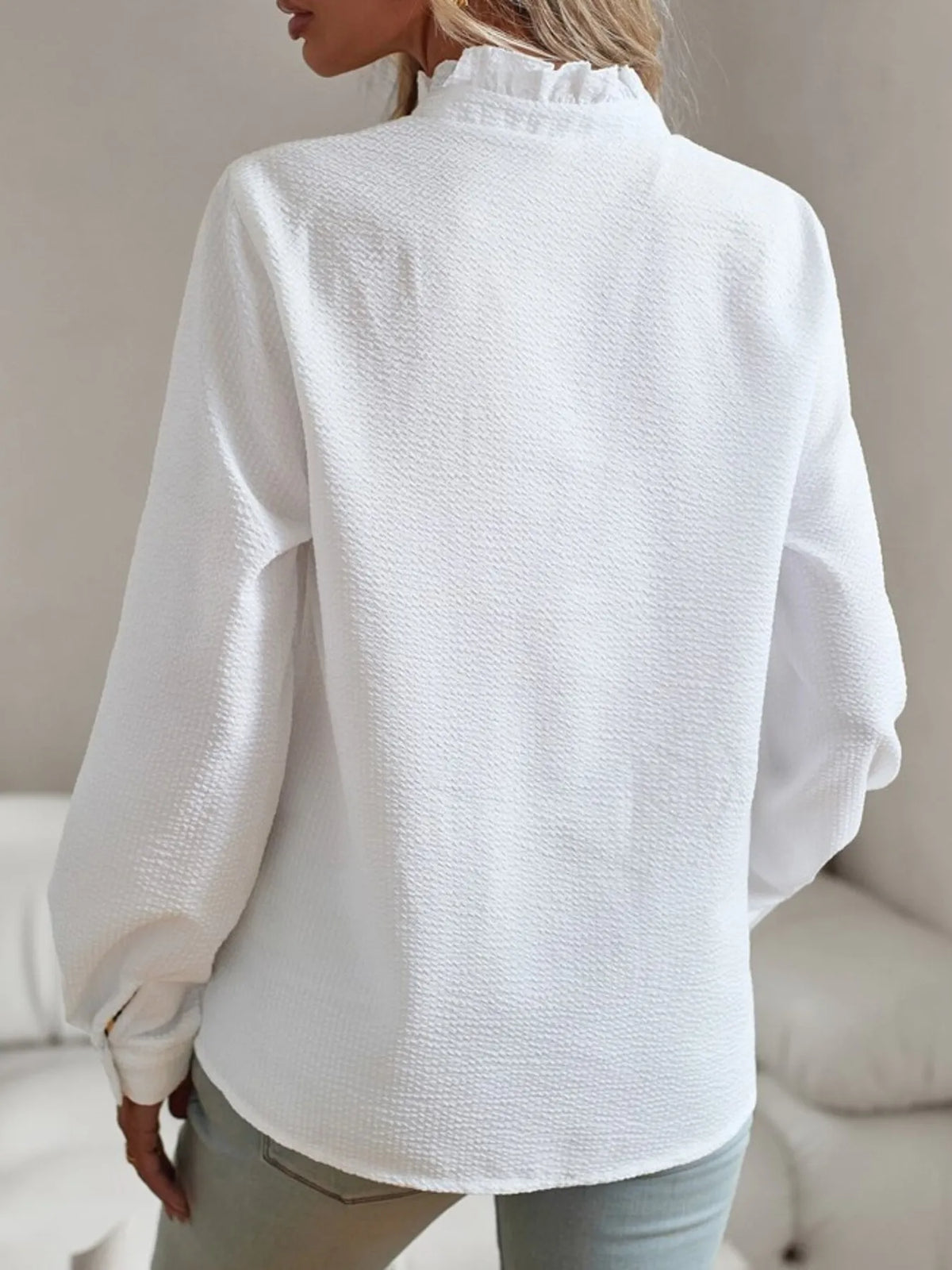 Striped Ruffle Detail Button-Up Blouse - Ladyez