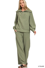 Zenana Ribbed High Neck Half Zip Pullover & Pants Set