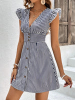 Striped Button Front Cap Sleeve Dress
