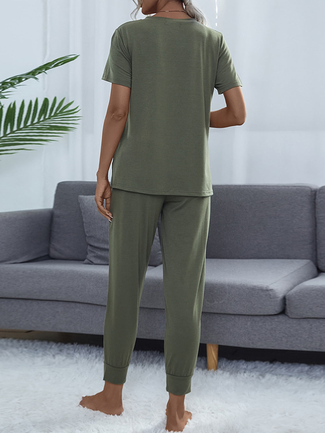 Shiny Round Neck Short Sleeve Top and Pants Set - Ladyez
