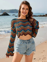 Striped Boat Neck Long Sleeve Cover Up - Ladyez