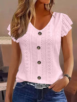Eyelet Button-Front Flutter Sleeve Top - Ladyez