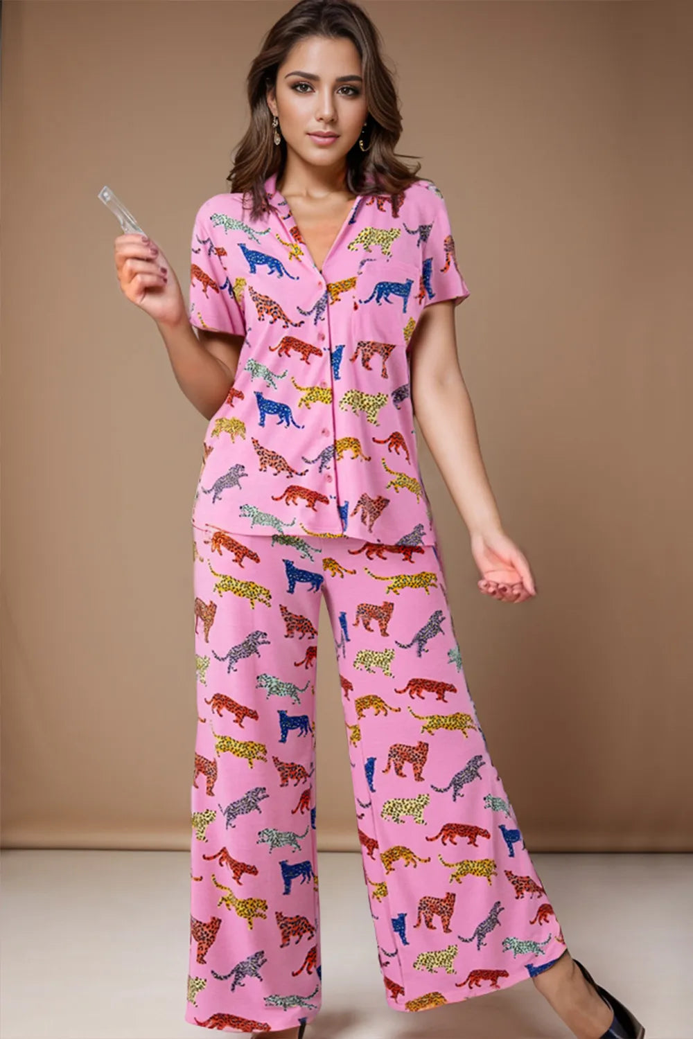 Animal Button Up Top and Pants Lounge Set - Ladyez