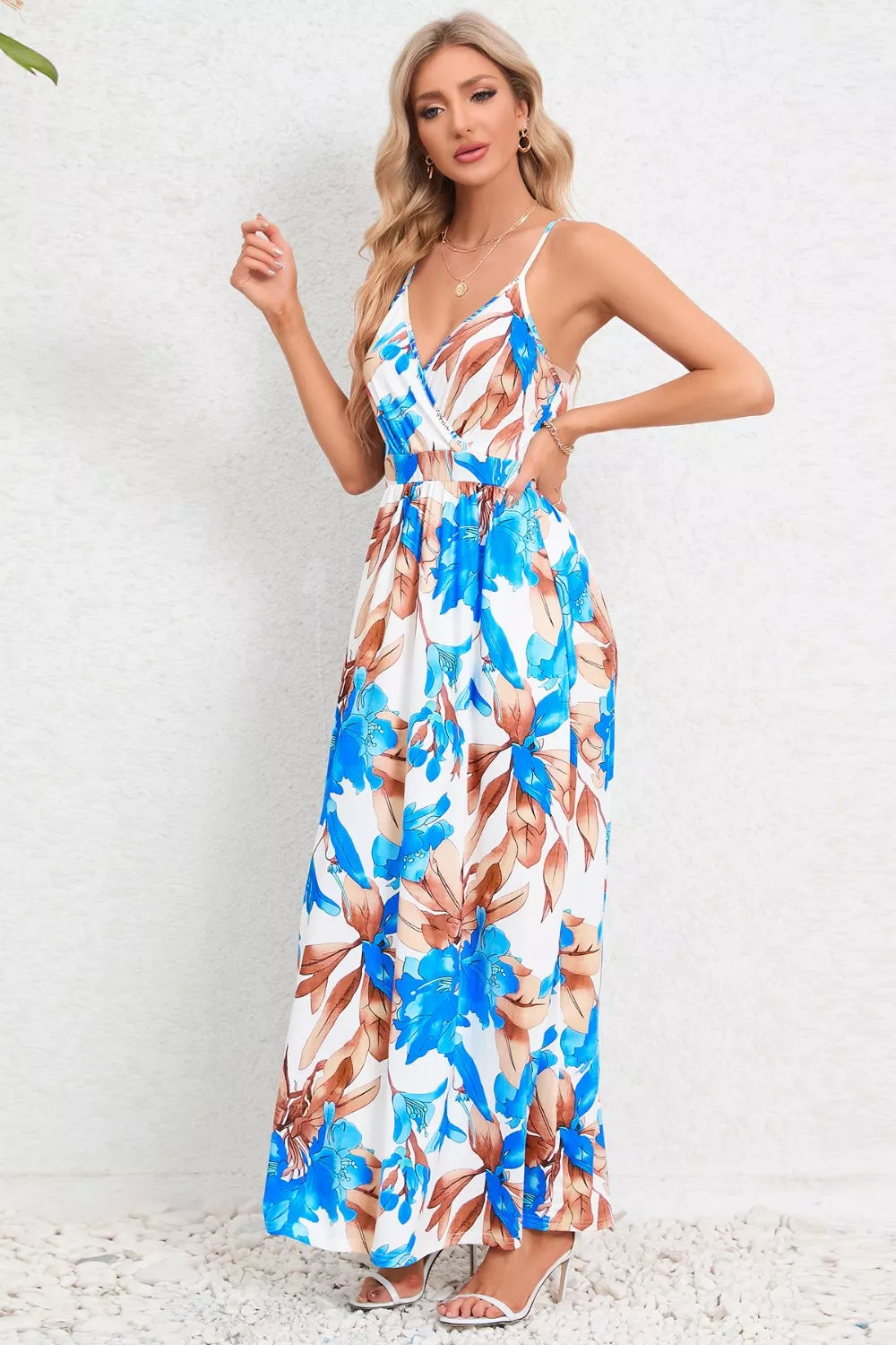 Printed Surplice Maxi Cami Dress - Ladyez