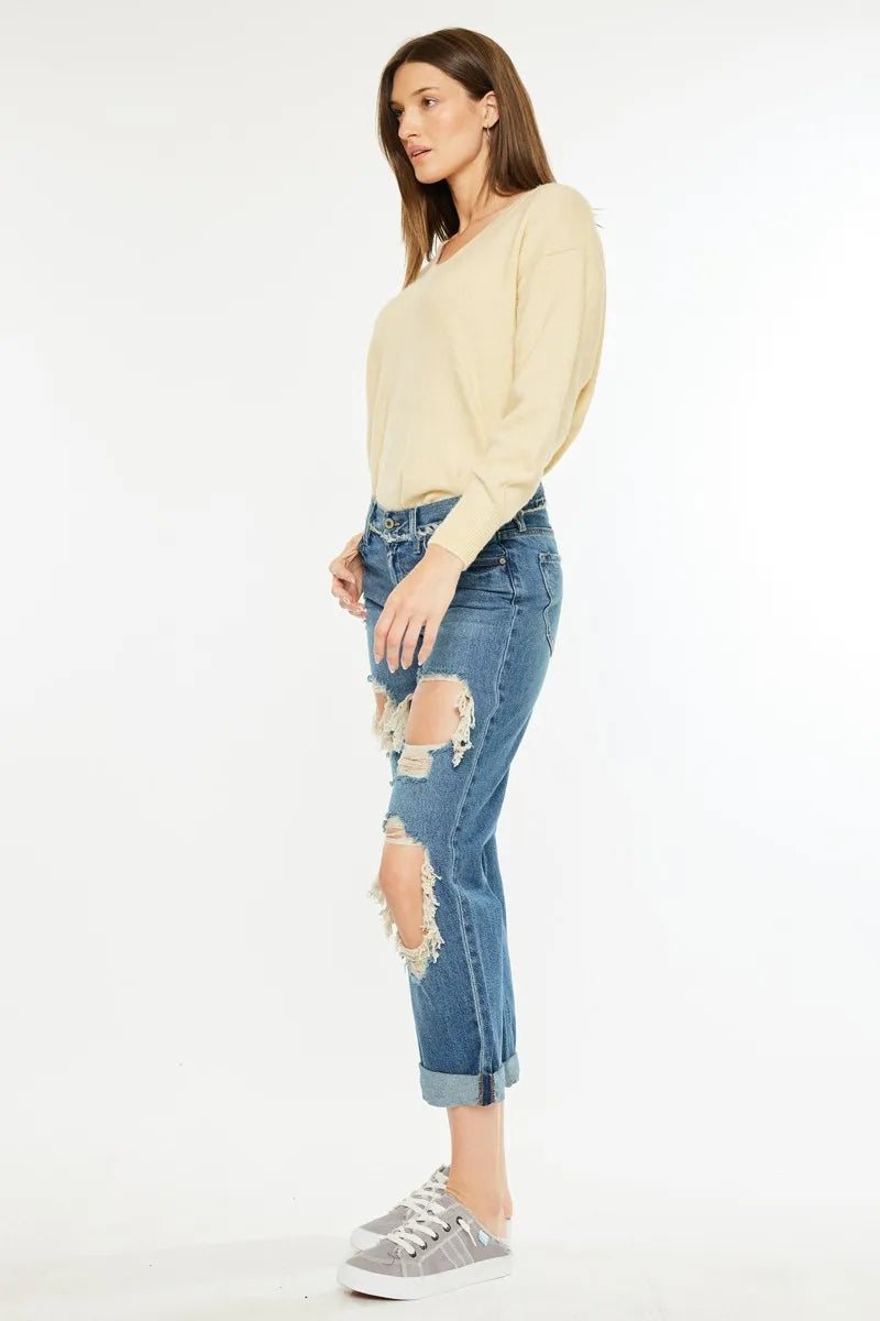 Kancan Distressed Mid Rise True Boyfriend Jeans - Ladyez