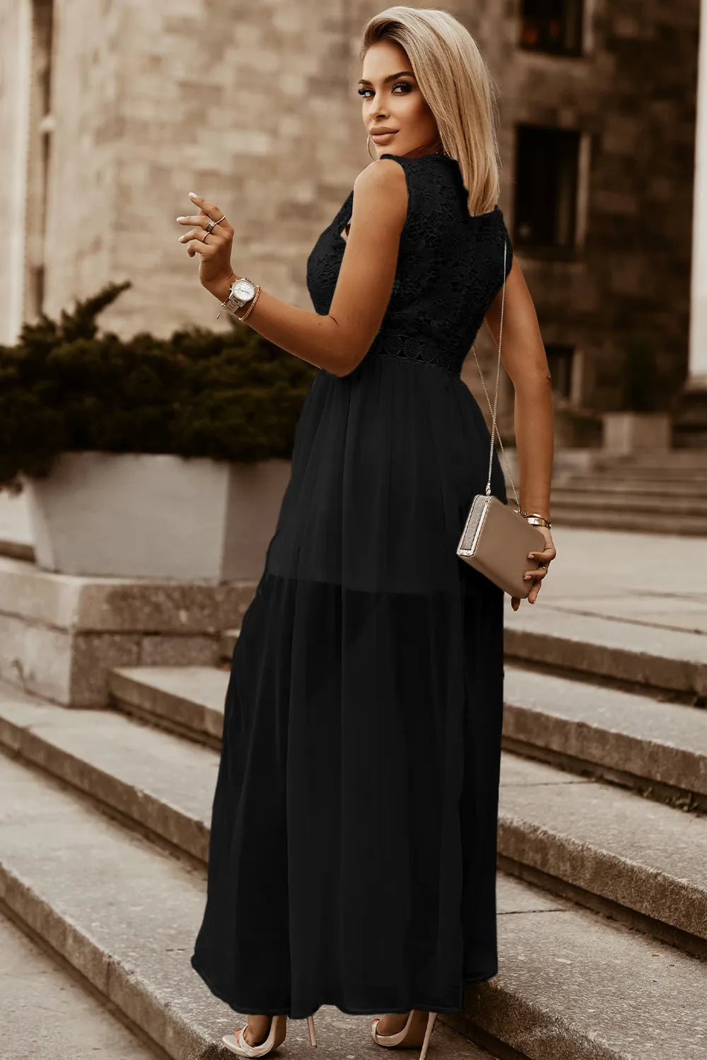 Slit Lace Detail V-Neck Dress - Ladyez