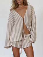 Striped Tie Front Top and Shorts Lounge Set