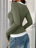 Contrast Long Sleeve Fake Two-Piece T-Shirt