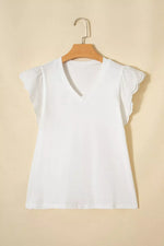 Eyelet Embroidered Flutter Sleeve Patchwork V Neck Tee