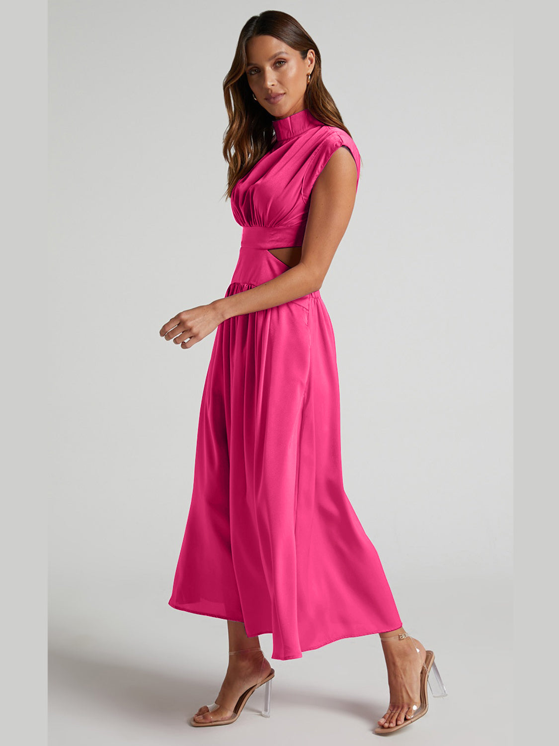 Cutout Mock Neck Sleeveless Ruched Dress - Ladyez