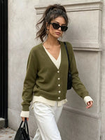 V-Neck Button-Down Contrast Layered Cardigan