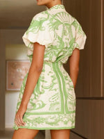 Puff Sleeve Printed Top and Zip Back Skirt Set - Ladyez
