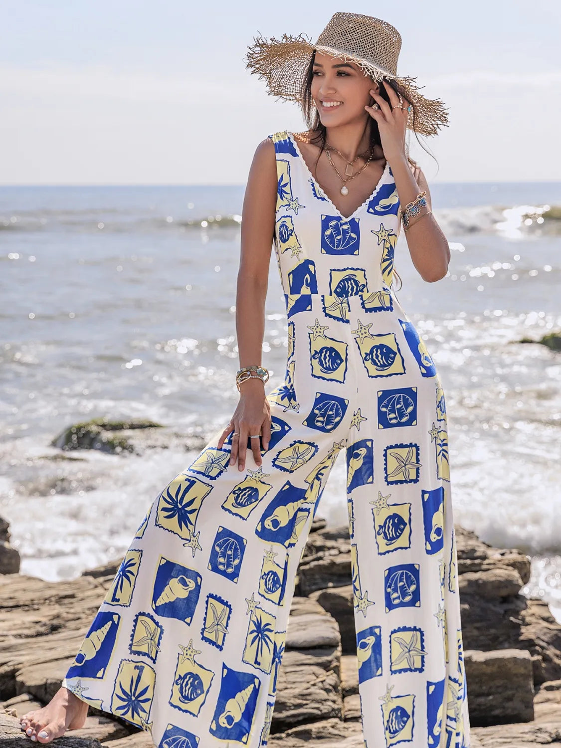 Printed V-Neck Wide Leg Jumpsuit - Ladyez