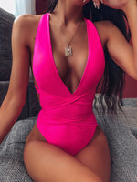Halter Neck Deep V Tied One-Piece Swimsuit - Ladyez