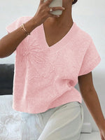 Ribbed Hem V-Neck Short Sleeve Sweater