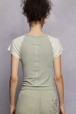 POL Round Neck Outseam Detail T-Shirt with Contrast Color Sleeves