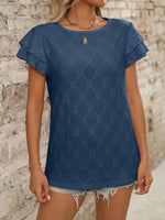 Eyelet Round Neck Double Layered Ruffled Short Sleeve Top