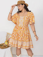 Plus Size Printed Square Neck Short Sleeve Dress