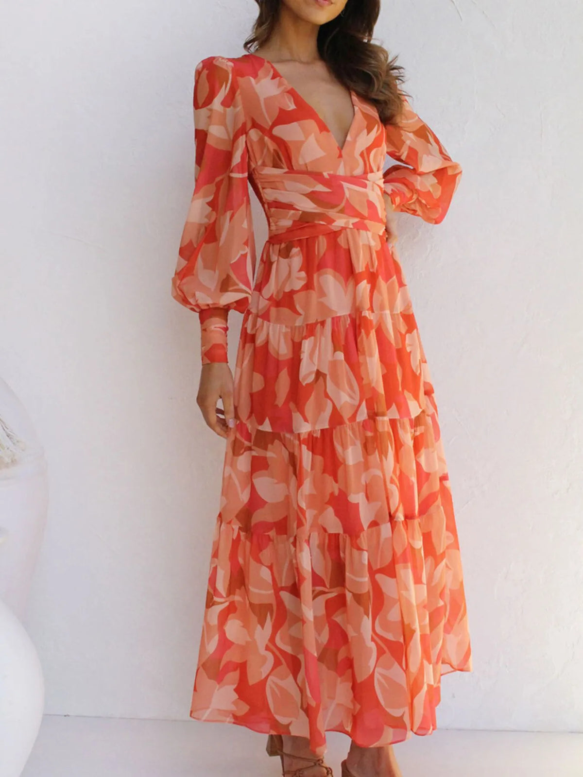 Floral Print Lantern Sleeve Maxi Dress - Ladyez