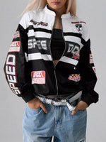 Letter Zip Up Dropped Shoulder Jacket