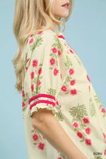 Umgee Floral V-Neck Puff Sleeve Top