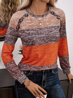 Decorative Button Contrast Round Neck Long Sleeve T-Shirt