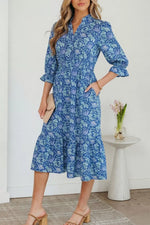 Floral Printed Frilled V Neck Bracelet Sleeve Long Dress