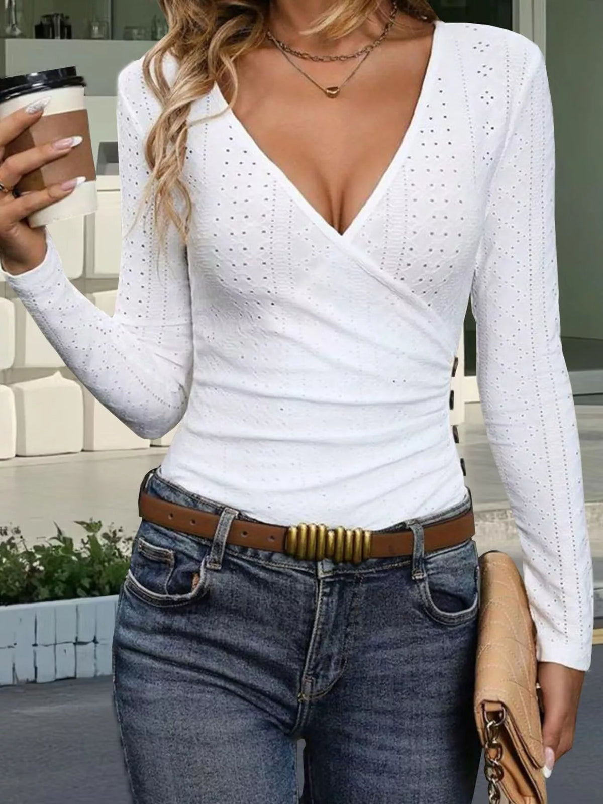 Eyelet Surplice Long Sleeve Top