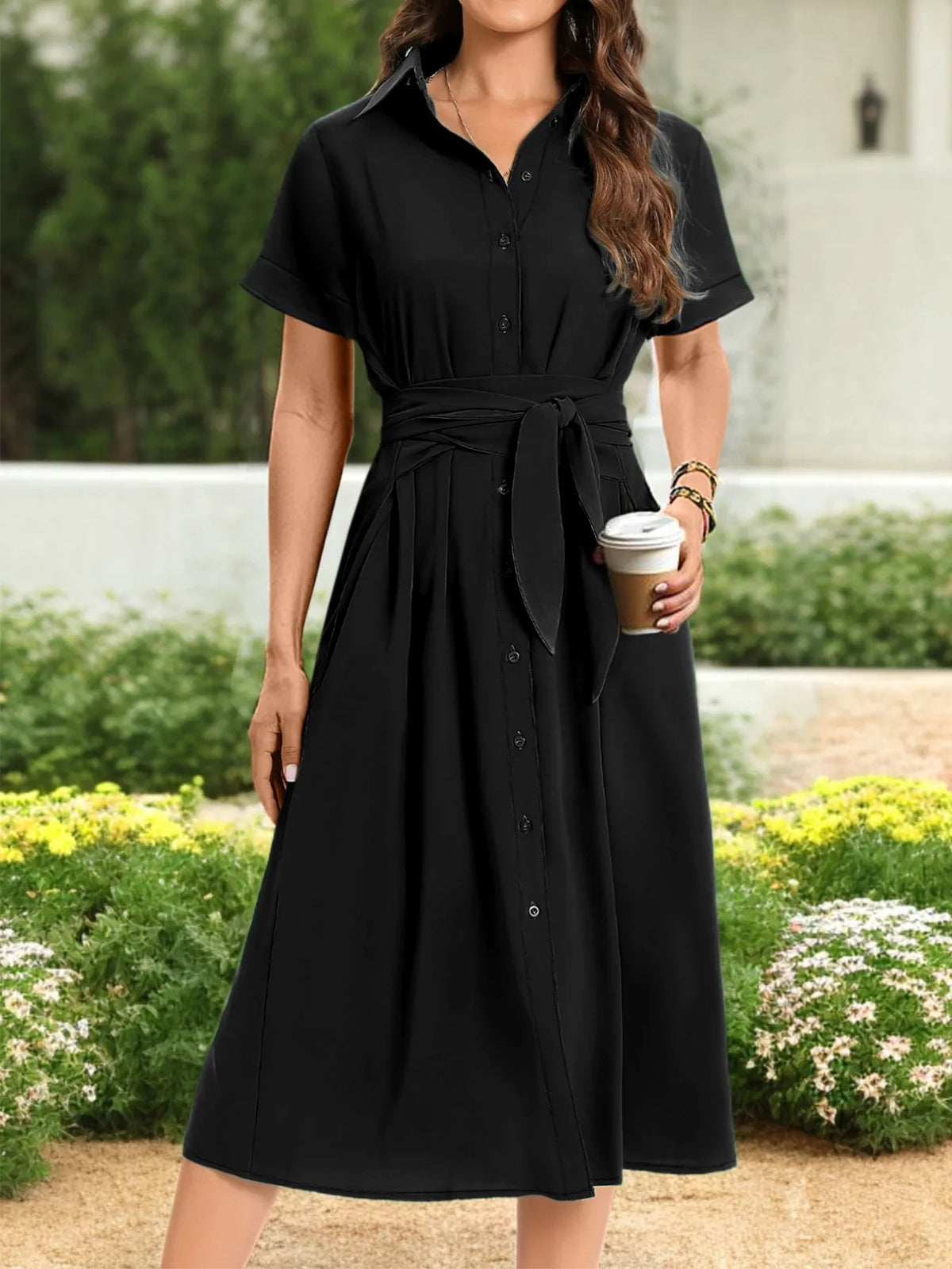 Button Down Belted Midi Shirt Dress