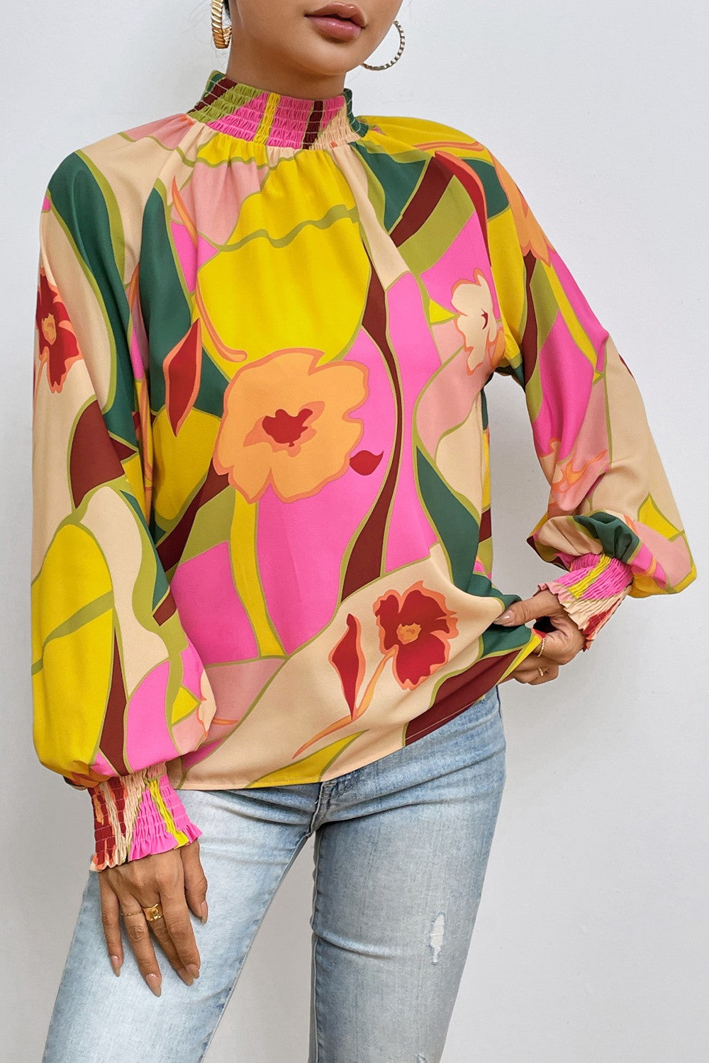 Floral Smocked Lantern Sleeve Mock Neck Blouse - Ladyez