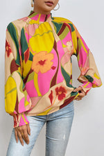 Floral Smocked Lantern Sleeve Mock Neck Blouse - Ladyez