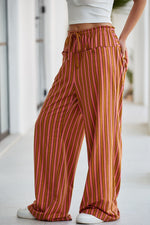 Stripe Button Pocket Tie Waist Casual Wide Leg Pants