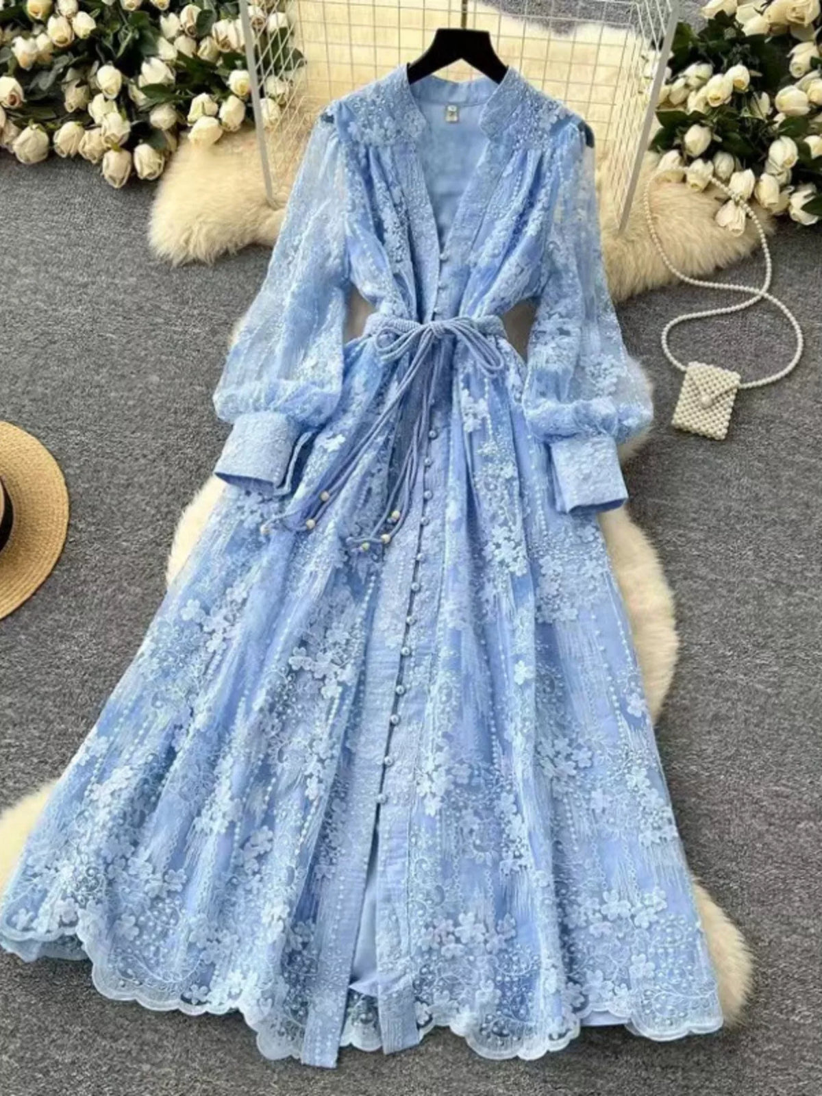 Lace Tie Waist Long Sleeve Dress