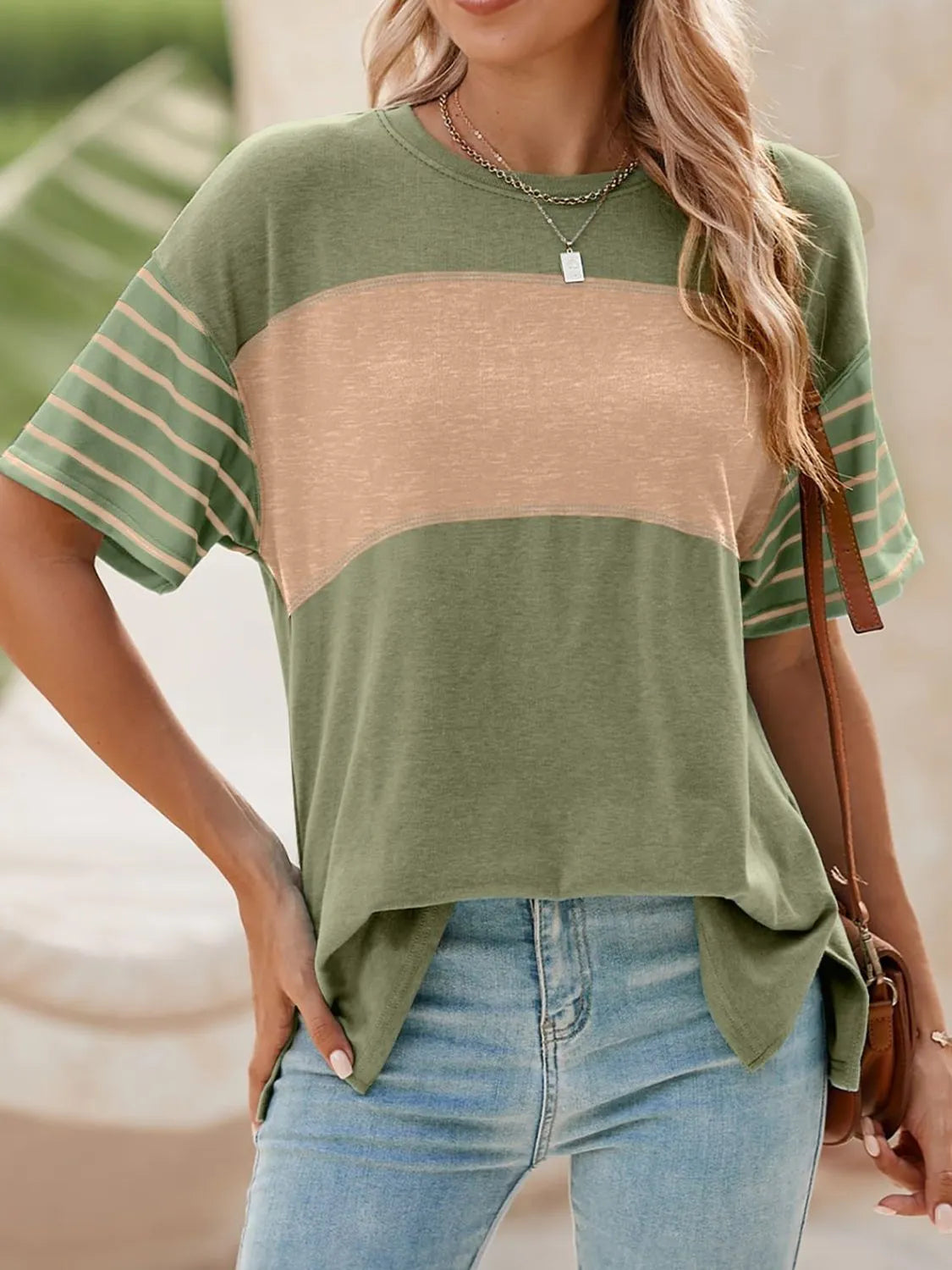 Color Block Striped Sleeve Casual T-Shirt - Ladyez