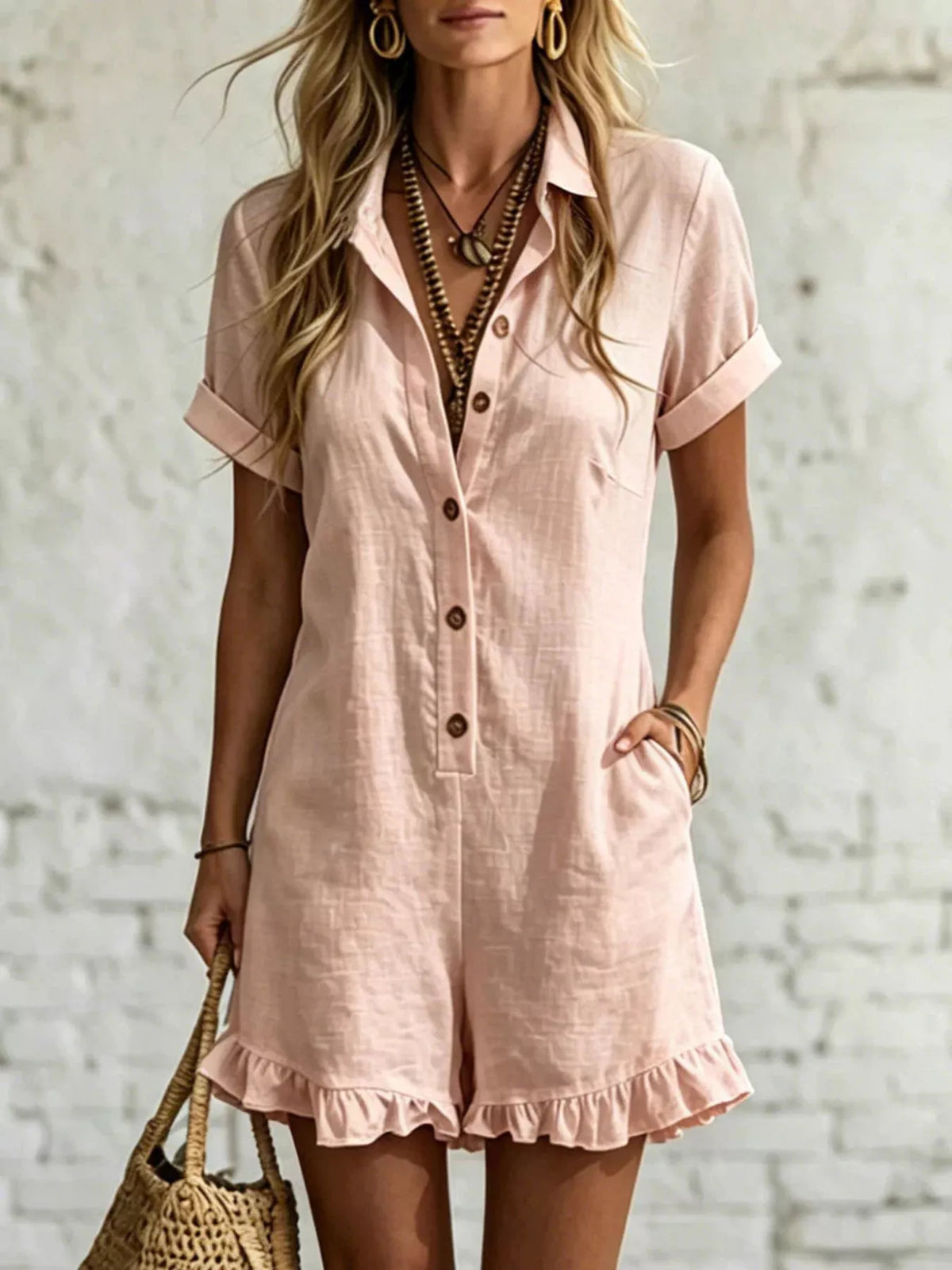 Full Size Button Front Ruffled Hem Romper Plus Size