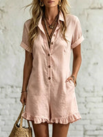 Full Size Button Front Ruffled Hem Romper Plus Size