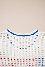 USA Flag Eyelet Knitted Cap Sleeve Sweater Top